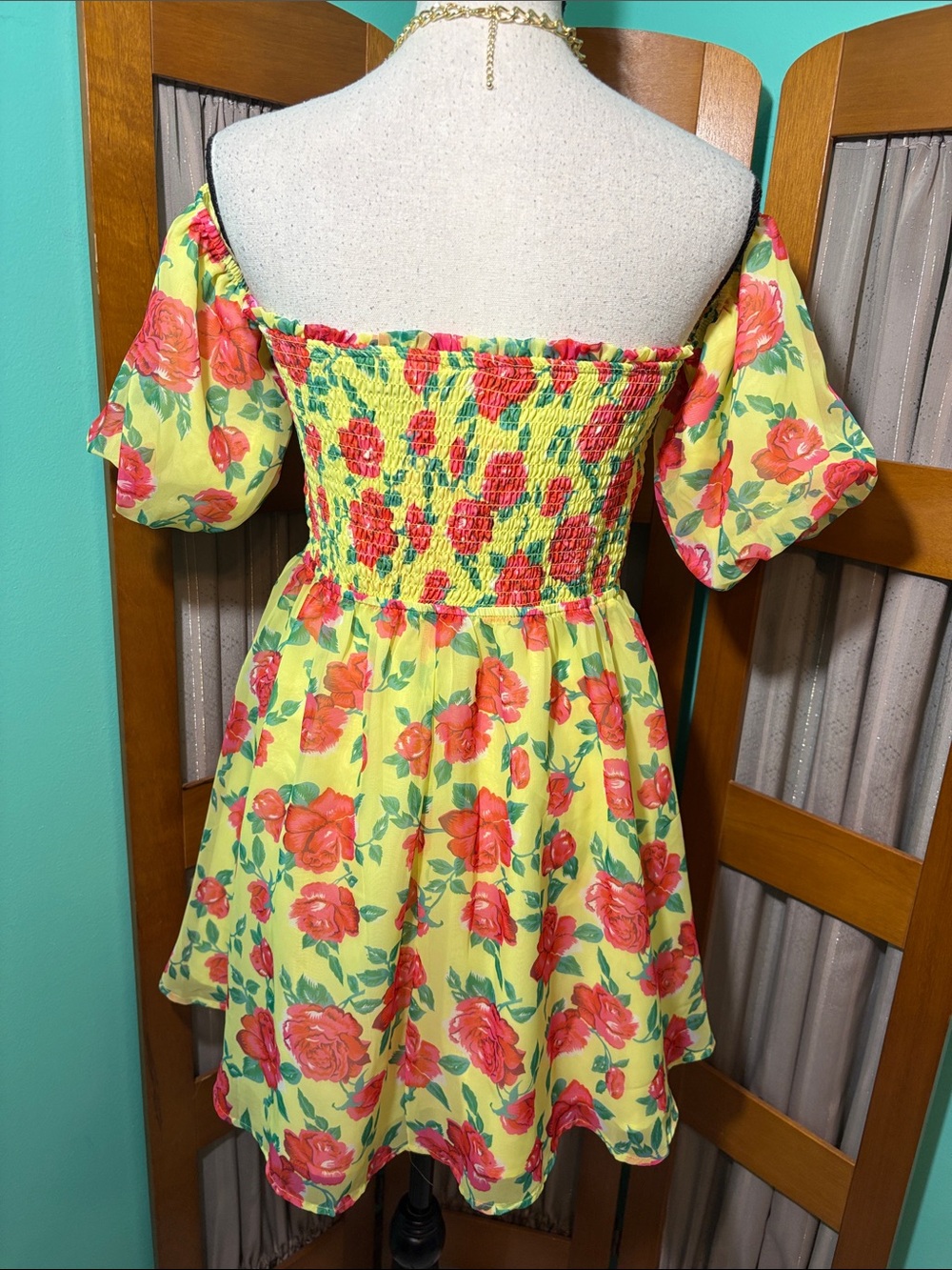 Betsey Johnson Yellow Mini Dress with Red Floral Print - Picture 9 of 15